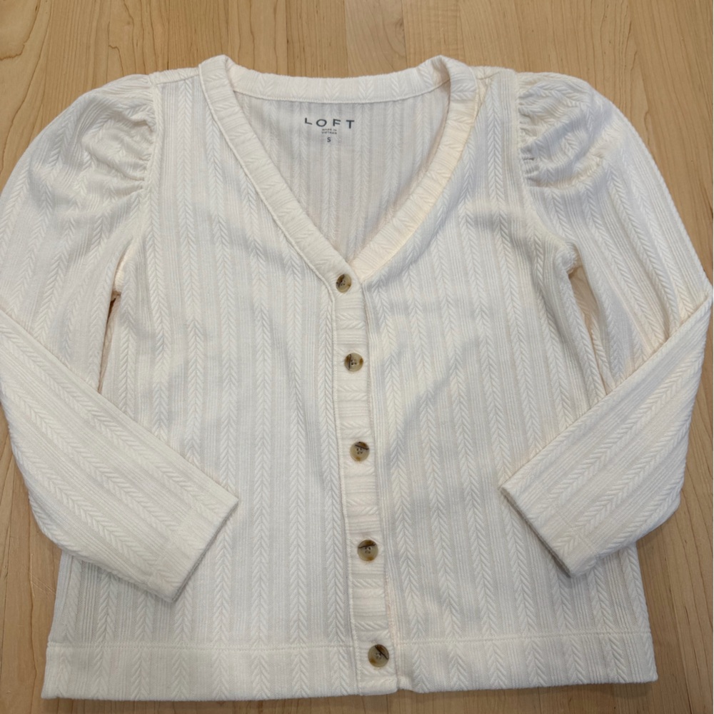 LOFT Cream Button-Front V-Neck Knit Top